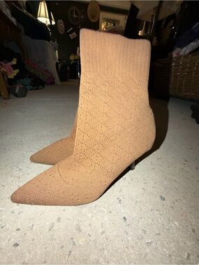 Knit Pointed-Toe Sock Heeled Boots - Brown